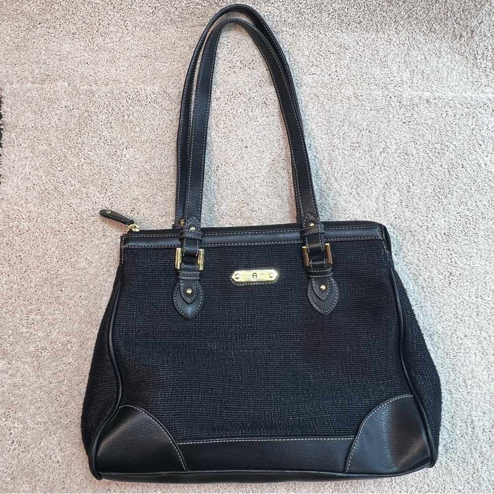 Etienne Aigner Handbag Black Canvas  Leather Gold Hardware Double Strap Purse